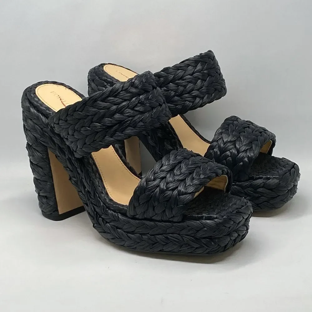 Bottega Veneta Trinity Weave Black Raffia Platform Sandals size 38